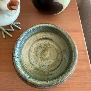 Small Handcrafted Signed Pottery Bowl - Green and Brown